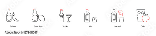 Vector Icons Set - Saison, Sour Beer, Vodka, Gin, Mezcal, Cider