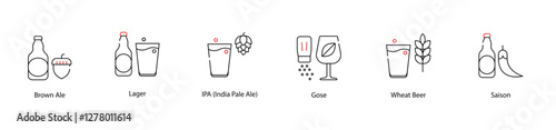 Vector Icons Set - Brown Ale, Lager, IPA (India Pale Ale), Gose, Wheat Beer, Saison