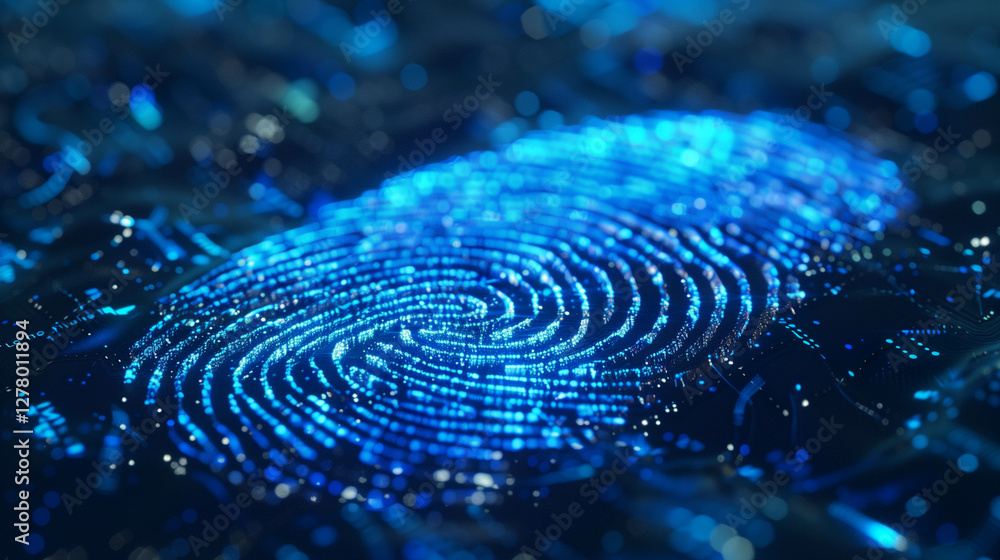Futuristic biometric fingerprint scanner with digital encryption in a cybersecurity interface Futuristic biometric fingerprint scanner with digital encryption in a cybersecurity interface