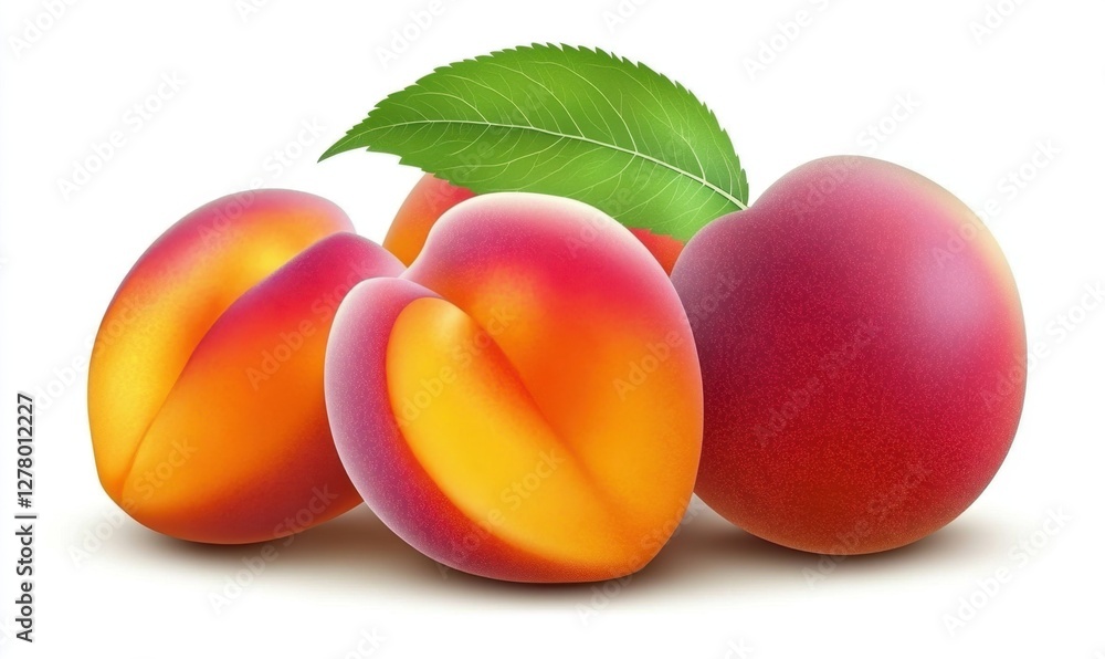 Vibrant peaches with a green leaf, showcasing their rich colors and smooth textures on a white background Vibrant peaches with a green leaf, showcasing their rich colors and smooth textures on a white background