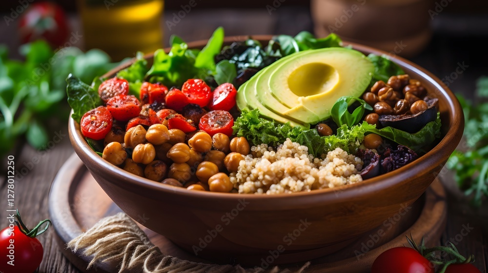 Vibrant and Nutritious Plant Based Meal Bowl Featuring Quinoa Avocado Chickpeas and Leafy Greens A Healthy and Delicious Culinary Delight Vibrant and Nutritious Plant Based Meal Bowl Featuring Quinoa Avocado Chickpeas and Leafy Greens A Healthy and Delicious Culinary Delight