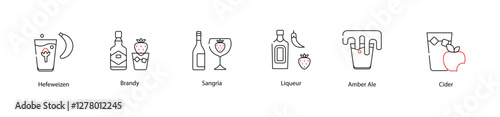 Vector Icons Set - Hefeweizen, Brandy, Sangria, Liqueur, Amber Ale, Cider
