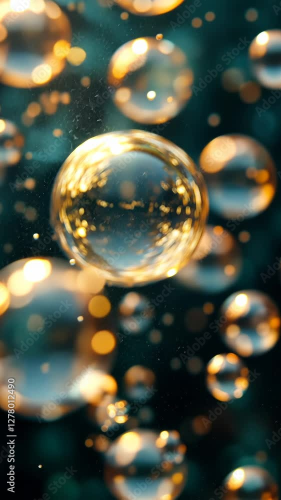Golden bubbles floating, teal background, abstract, for design Golden bubbles floating, teal background, abstract, for design