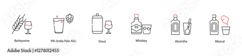 Vector Icons Set - Barleywine, IPA (India Pale Ale), Stout, Whiskey, Absinthe, Mezcal