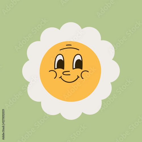 Collection of magnificent chamomile flowers. Retro daisy smiles in cartoon style. Set of happy 70s stickers. Vector graphic illustration in hippe style.