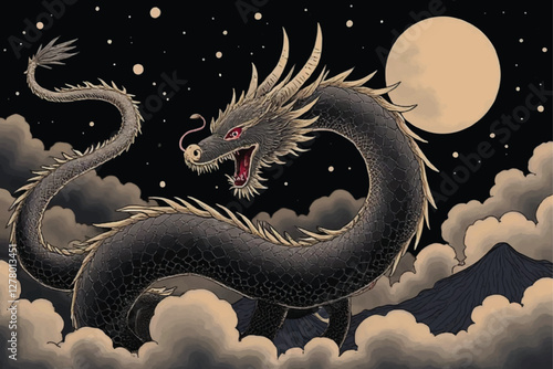 Powerful angry Japanese dragon colorful kid art for printing and decoration and other crate. objects, icon, concept, concept strong, long, tail, long tail, novel, snake, black, black background.