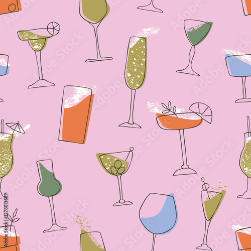 Different types of glasses and goblets with cocktails and wines creating a cheerful mood. Seamless pattern with glasses and goblets of alcoholic drinks on a pink background. Flat illustration.