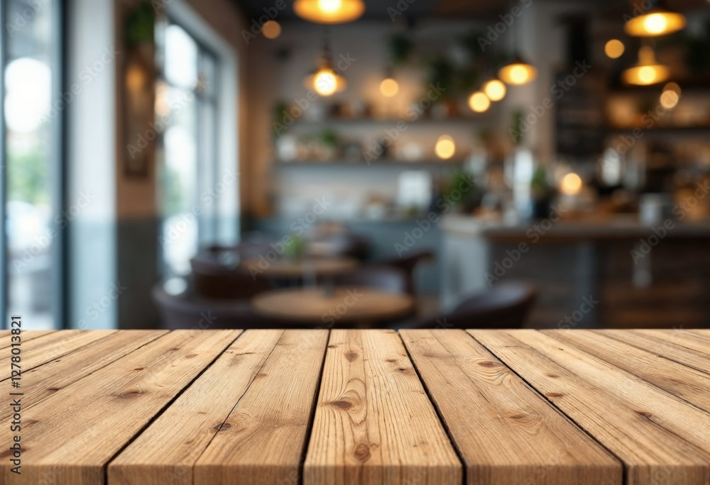 wooden board empty table blur in coffee shop background wooden board empty table blur in coffee shop background