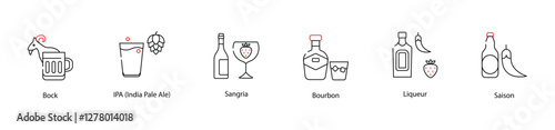 Vector Icons Set - Bock, IPA (India Pale Ale), Sangria, Bourbon, Liqueur, Saison