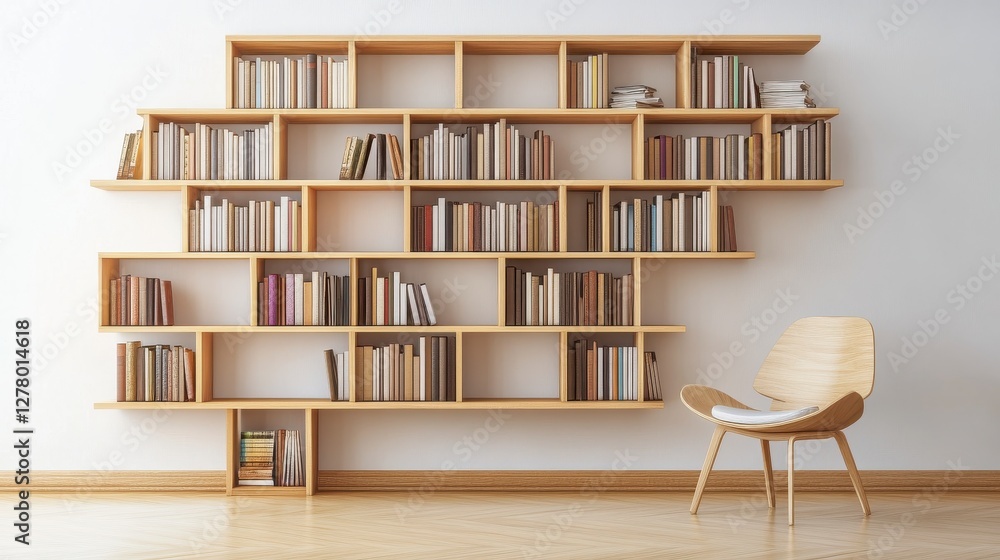 Modern Light Wood Bookshelf and Chair in Minimalist Room Modern Light Wood Bookshelf and Chair in Minimalist Room