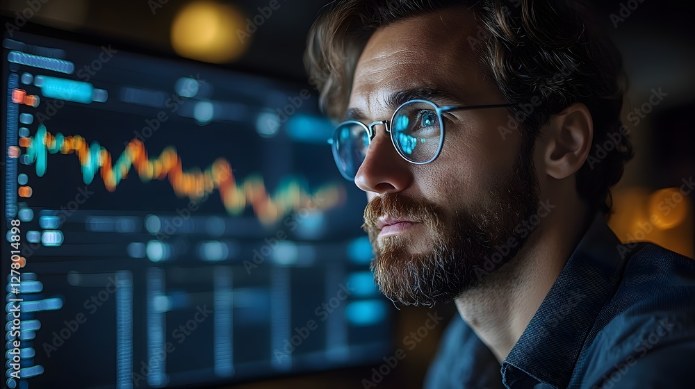 Focused Data Analyst: A close-up of a contemplative data analyst gazing at financial charts displayed on a monitor, emphasizing concentration and the complexities of market analysis. Focused Data Analyst: A close-up of a contemplative data analyst gazing at financial charts displayed on a monitor, emphasizing concentration and the complexities of market analysis.