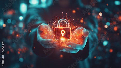 Digital hands holding glowing lock symbol on dark background with bokeh effects