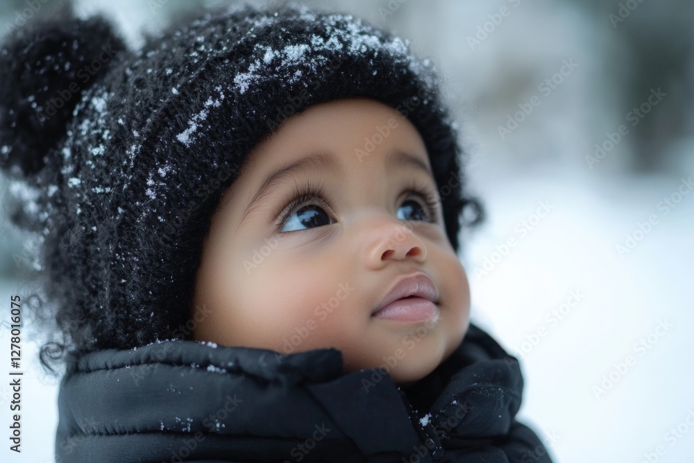 Baby in winter outfit gazing up at the snowflakes in a snowy landscape during a cold day Baby in winter outfit gazing up at the snowflakes in a snowy landscape during a cold day