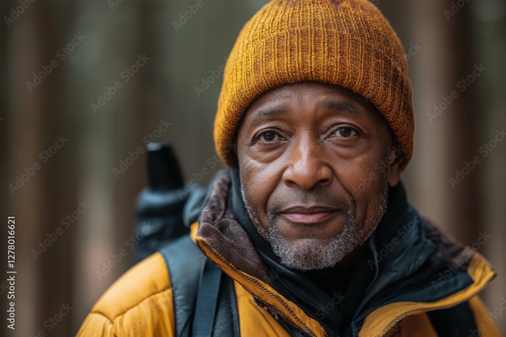 Elderly man in a yellow jacket and orange beanie stands in a forest setting during a chilly autumn morning Elderly man in a yellow jacket and orange beanie stands in a forest setting during a chilly autumn morning