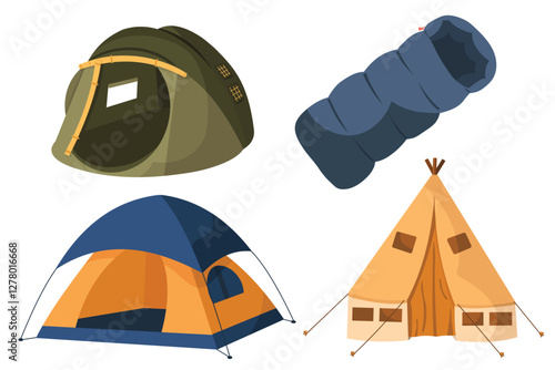 camping tent and sleeping bag, Hiking and camping illustration collection