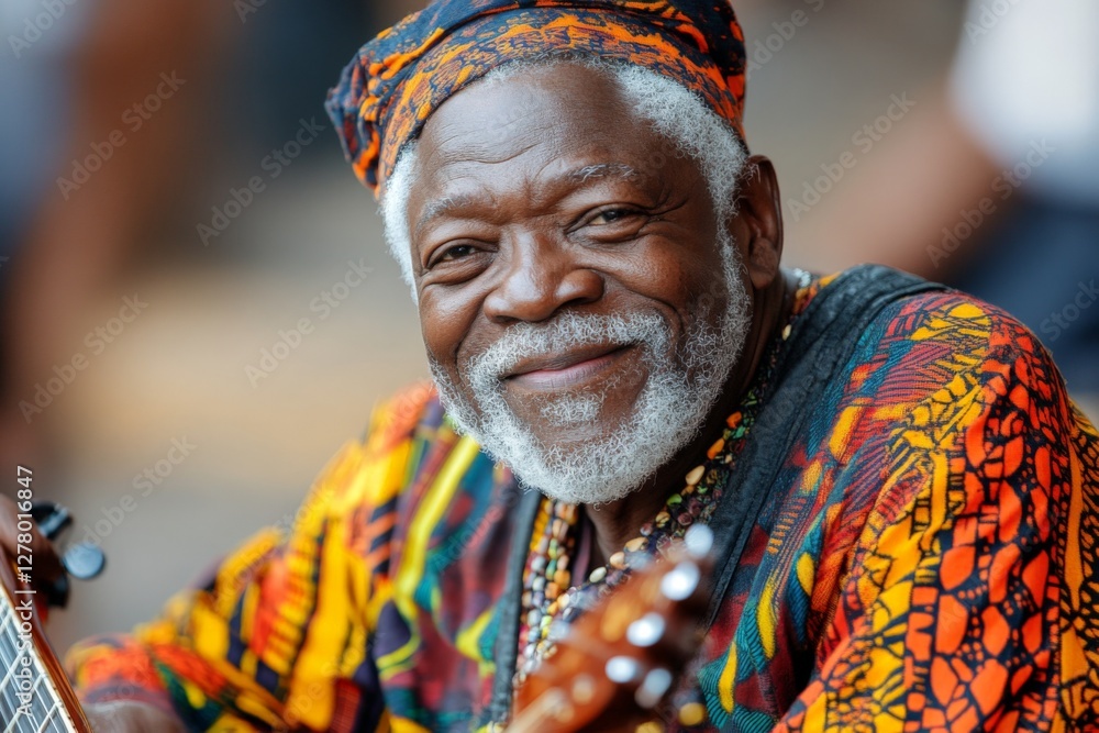 Fototapeta premium Elderly musician smiles warmly while playing guitar outdoors in vibrant traditional attire