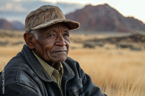 Elderly man sits in a field, gazing thoughtfully towards the horizon with mountains in the background during sunset