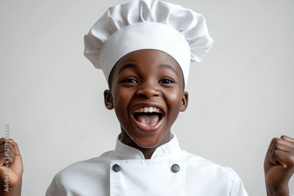 Young chef celebrating culinary achievement with bright smile and raised hands in a playful kitchen atmosphere Young chef celebrating culinary achievement with bright smile and raised hands in a playful kitchen atmosphere