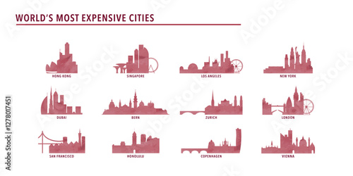 Most expensive cities logos, icon pack with skylines of Hong Kong, Singapore, Zurich, Bern, Vienna, London, New York, Copenhagen, Honolulu. Watercolor bundle of cliparts