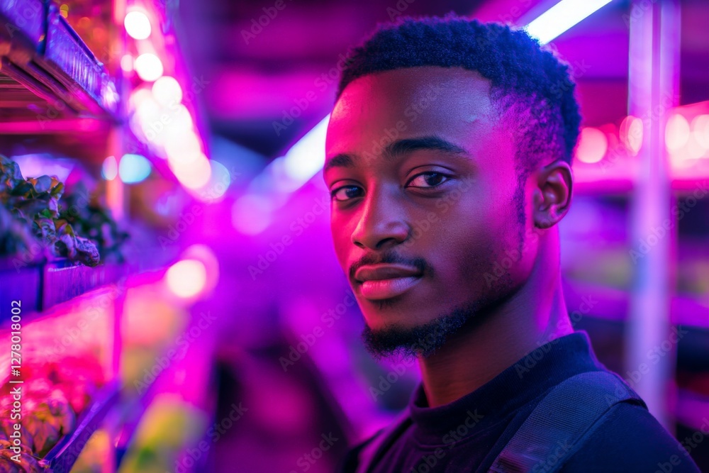 Young man stands confidently in a vibrant urban indoor garden surrounded by colorful lights and fresh produce Young man stands confidently in a vibrant urban indoor garden surrounded by colorful lights and fresh produce