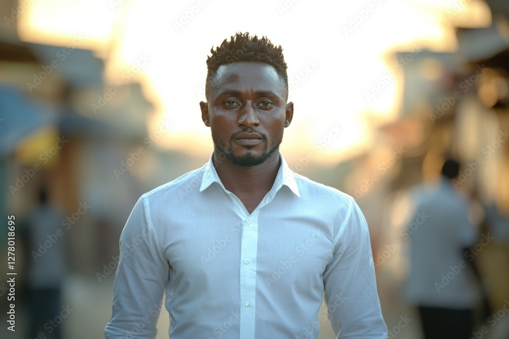 Fototapeta premium Man in a white shirt walks confidently down a bustling street during sunset in an urban environment