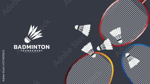 Badminton racket with white badminton shuttlecock background, badminton court indoor badminton sports wallpaper with copy space , illustration Vector EPS 10