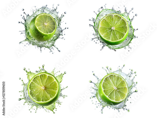 Lime splashes, set of lemon splashes, and green lemon water splash isolated