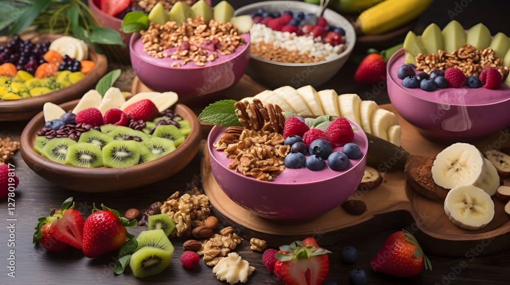 Visually Appealing Plant Based Breakfast Spread Featuring Nutrient Dense Smoothie Bowls and Crunchy Granola for a Balanced and Energizing Morning Meal Visually Appealing Plant Based Breakfast Spread Featuring Nutrient Dense Smoothie Bowls and Crunchy Granola for a Balanced and Energizing Morning Meal