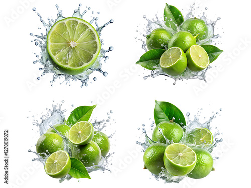 Lime splashes, set of lemon splashes, and green lemon water splash isolated