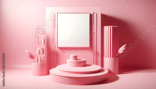 Pink product display or podium stand on pink background with advertising banner. Modern pedestal for design. 3D rendering.