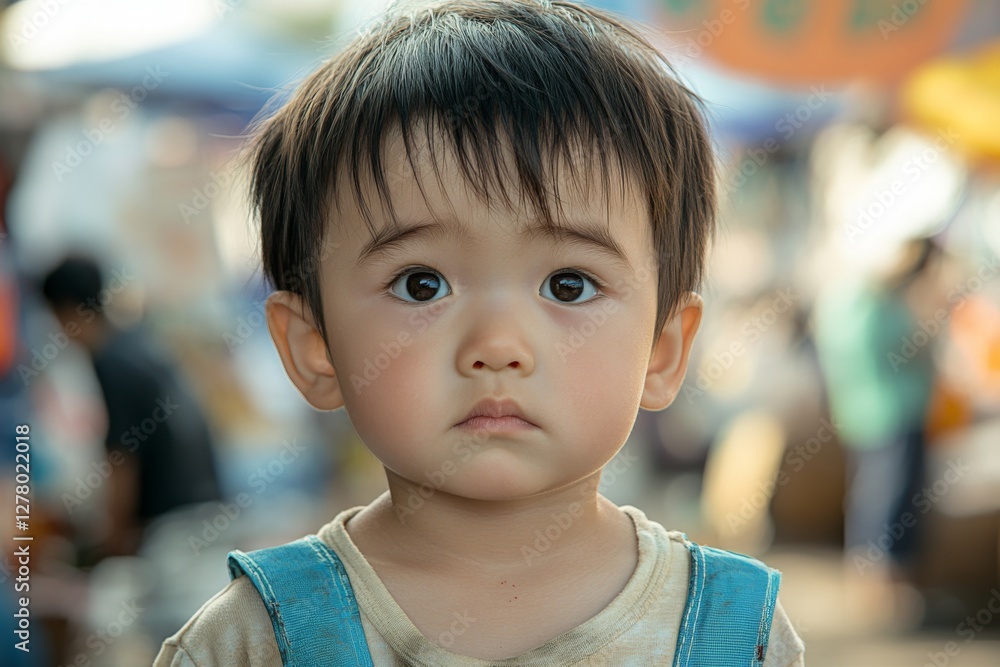 Young child with curious expression standing outdoors at a bustling market Young child with curious expression standing outdoors at a bustling market