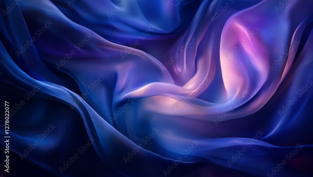 Obraz premium Blue silk fabric waves, glowing, dark background, elegant design