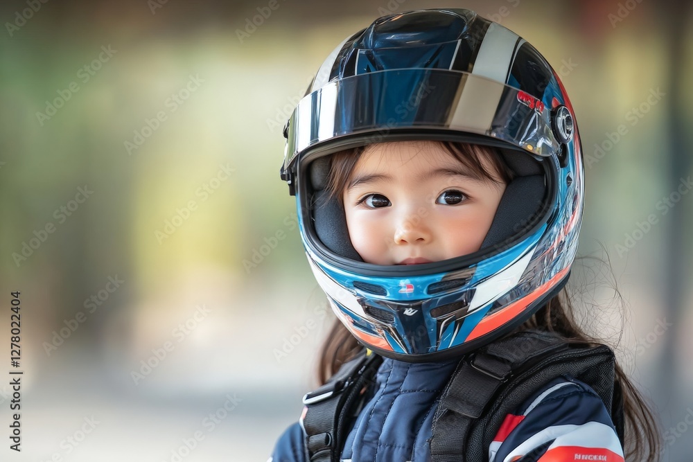 Young child in a colorful racing helmet at a motorsport event during daylight hours Young child in a colorful racing helmet at a motorsport event during daylight hours