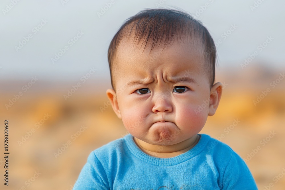 Baby shows a serious expression with furrowed brows in an outdoor setting during daylight hours Baby shows a serious expression with furrowed brows in an outdoor setting during daylight hours