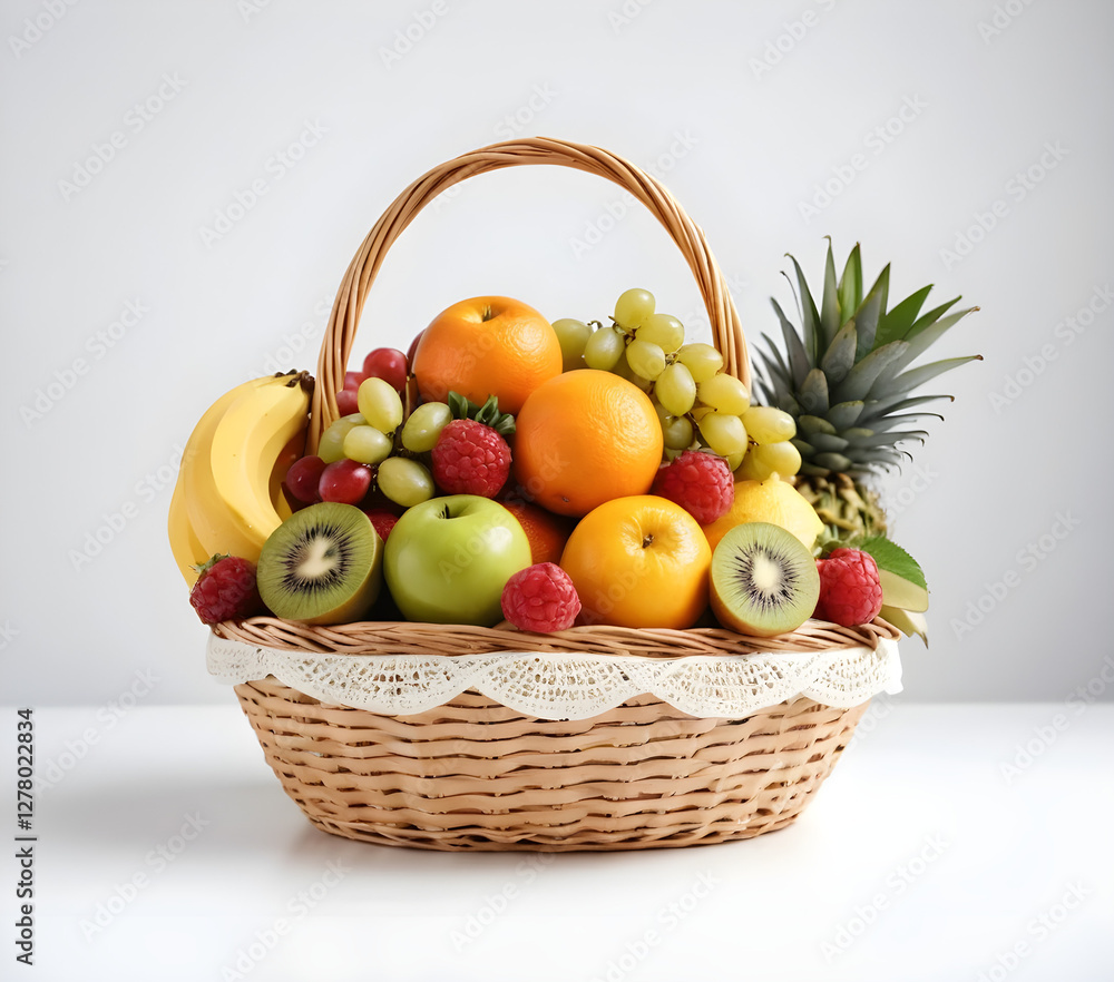 A beautiful fresh fruit basket filled with a variety of colorful fruits, placed on a clean white background A beautiful fresh fruit basket filled with a variety of colorful fruits, placed on a clean white background
