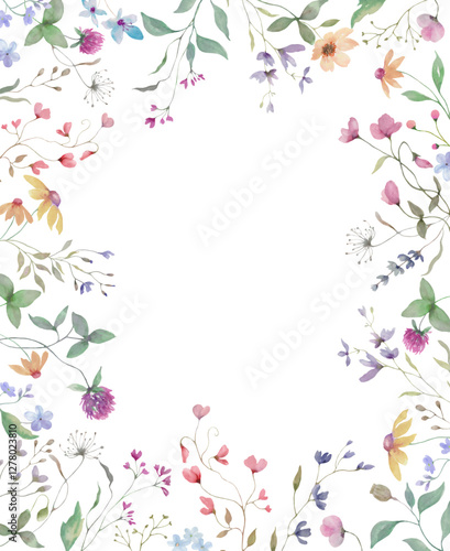  Watercolor floral frame with clover, echinacea, lavender,  herbs. Wildflower background for greeting cards, invitation. Hand drawn illustration. Vector EPS.