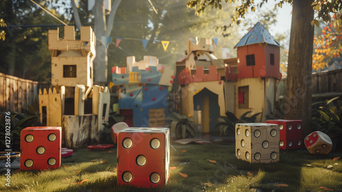 A backyard transformed into a dreamy adventureland, with oversized dice, cardboard castles, and whimsical elements creating a magical, childlike wonderland. photo