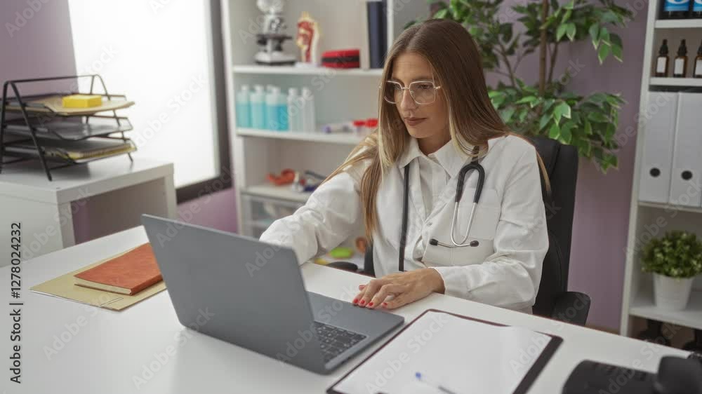 Woman working in a hospital office using laptop wearing white lab coat and stethoscope surrounded by medical equipment and documents on desk with a plant in the background. Woman working in a hospital office using laptop wearing white lab coat and stethoscope surrounded by medical equipment and documents on desk with a plant in the background.