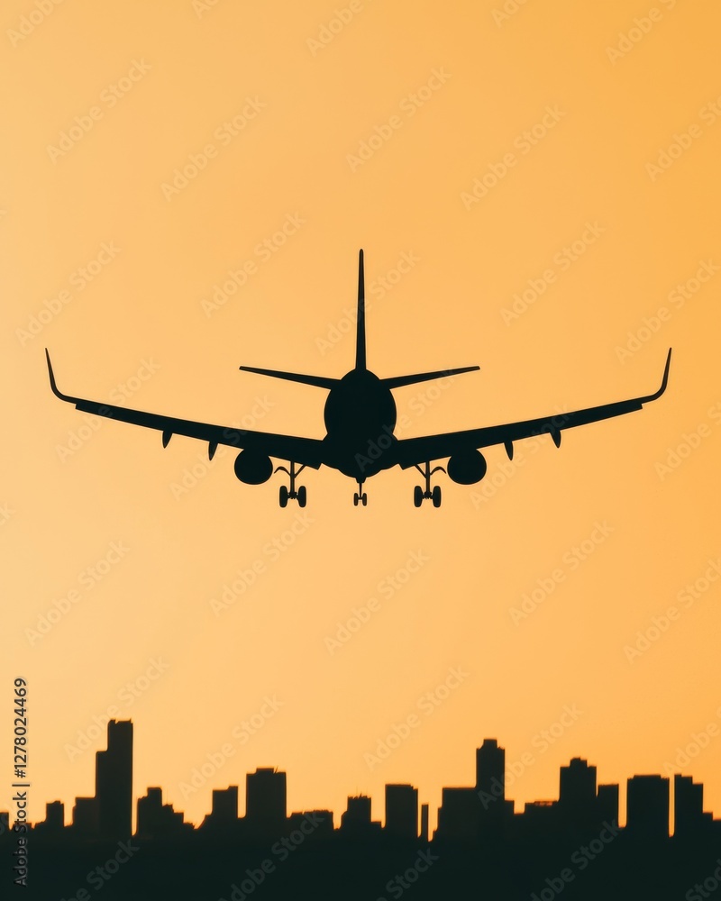 Silhouette of Airplane Landing at Sunset with City Skyline Backdrop Silhouette of Airplane Landing at Sunset with City Skyline Backdrop