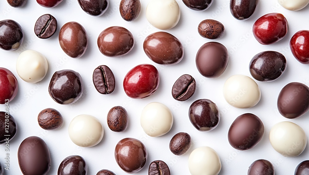 Assorted chocolate candies and coffee beans on white background (1) Assorted chocolate candies and coffee beans on white background (1)
