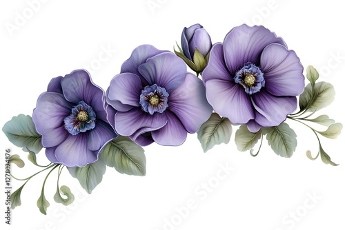 Vibrant Purple Pansies: A Stunning Close-Up of Delicate Blooms Isolated on White, Perfect for Spring Designs, Floral Arrangements, Botanical Illustrations, Greeting Cards, Websites, and More. These   