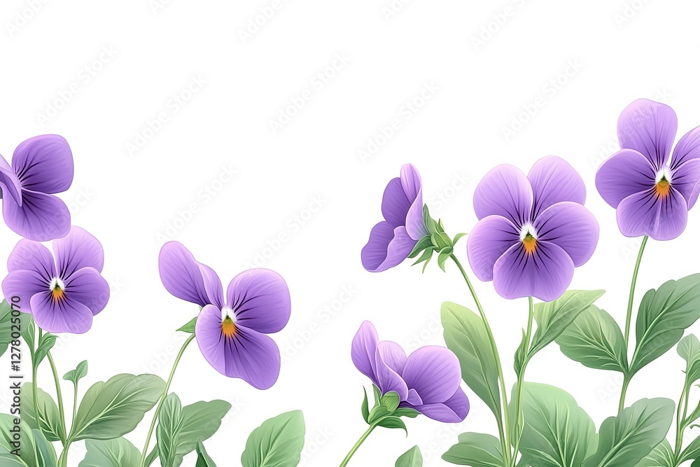 Vibrant Purple Pansies: A Stunning Close-Up of Delicate Blooms with Lush Green Foliage, Isolated on a Clean White Background, Perfect for Designs, Spring Themes, and Floral Arrangements. Ideal for Vibrant Purple Pansies: A Stunning Close-Up of Delicate Blooms with Lush Green Foliage, Isolated on a Clean White Background, Perfect for Designs, Spring Themes, and Floral Arrangements. Ideal for