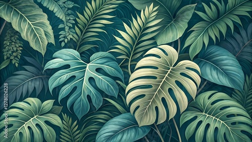 Tropical Leaf Arrangement: A Lush Green Botanical Composition
