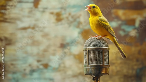 A canary sitting on a microphone stand, singing into a retro microphone. Perfect for music and performance-related themes
