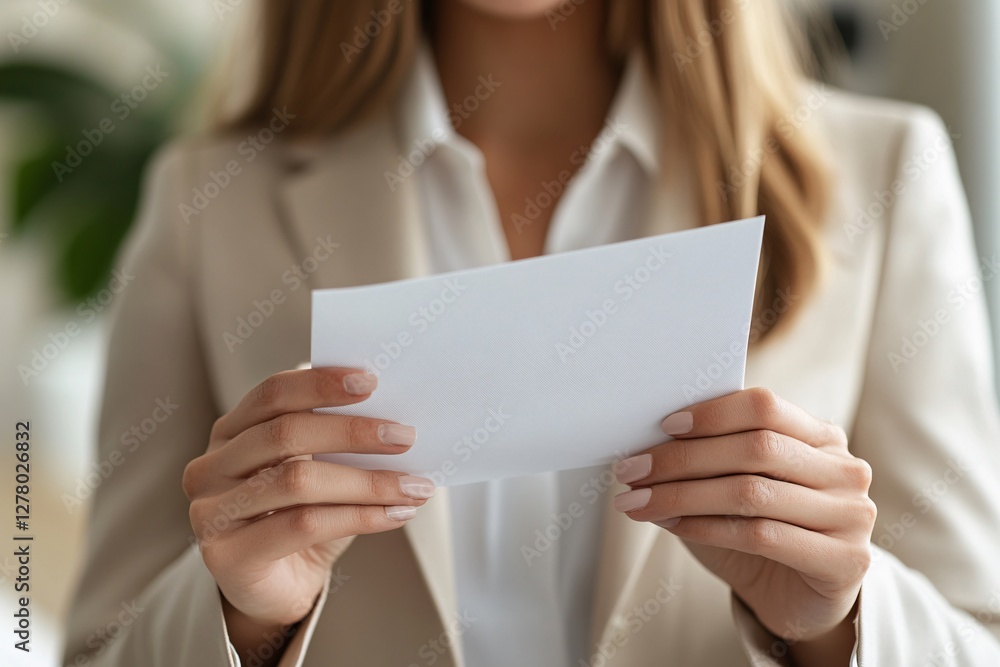 Woman holding a white piece of paper document with both hands Woman holding a white piece of paper document with both hands