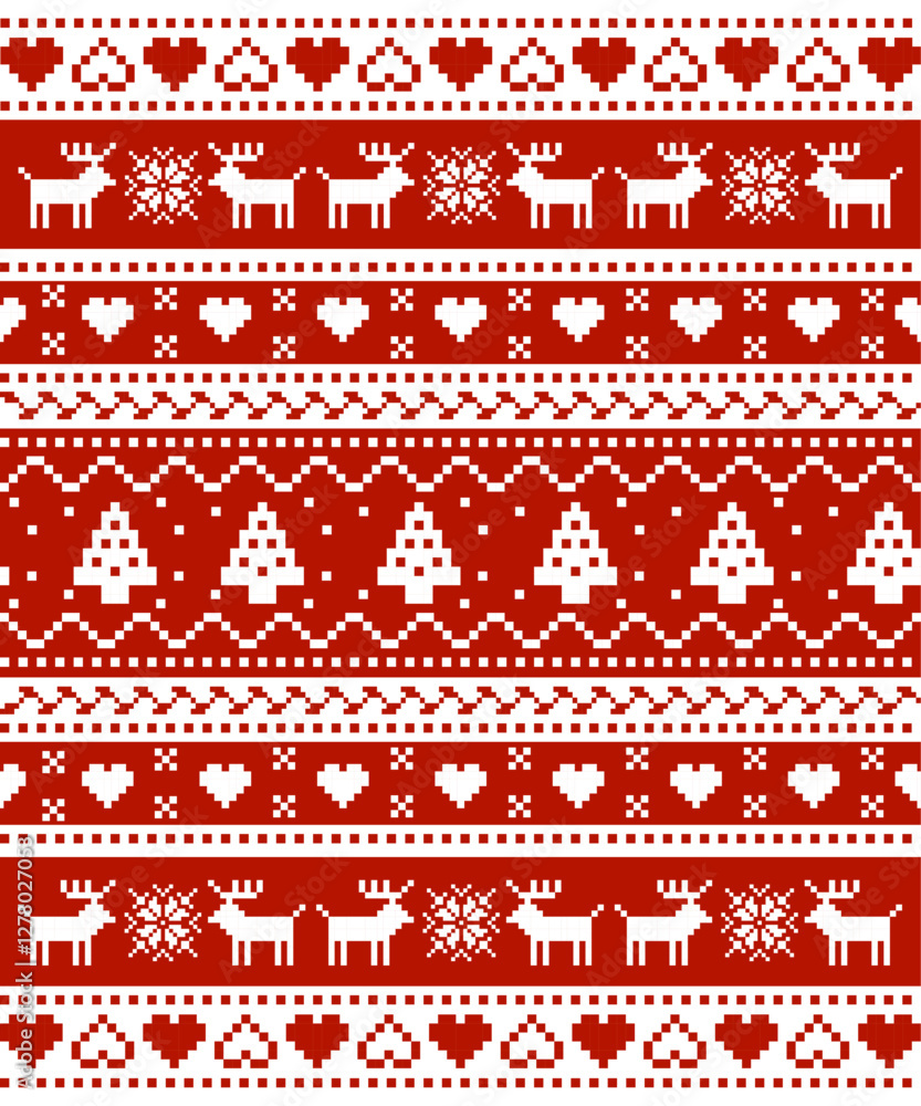 Pixel art of a Nordic pattern Christmas greeting card with red, white color and green merry christmas greeting. Pixel art of a Nordic pattern Christmas greeting card with red, white color and green merry christmas greeting.