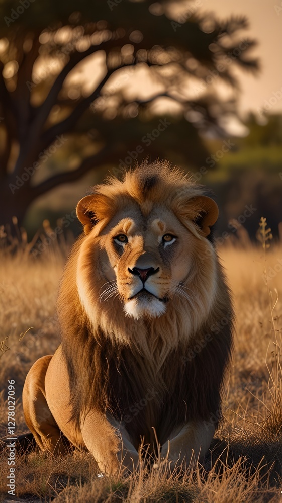 Obraz premium A stunning pride of lions resting in the golden savanna, their majestic manes flowing in the breeze. The leader, a powerful male lion, stands tall, surveying the land with piercing eyes, while lioness