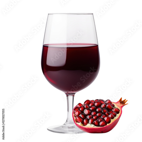 A wine glass filled with deep red liquid beside a fresh pomegranate, showcasing the fruit's vibrant seeds. isolated on white background.