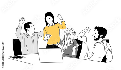 Excited business men and women celebrating success with their hands up. Business team work concept. Modern vector simple outline drawing for graphic, web design. Isolated on transparent background.