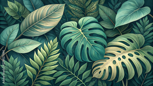 Tropical Leaf Arrangement: A Lush Green Botanical Composition